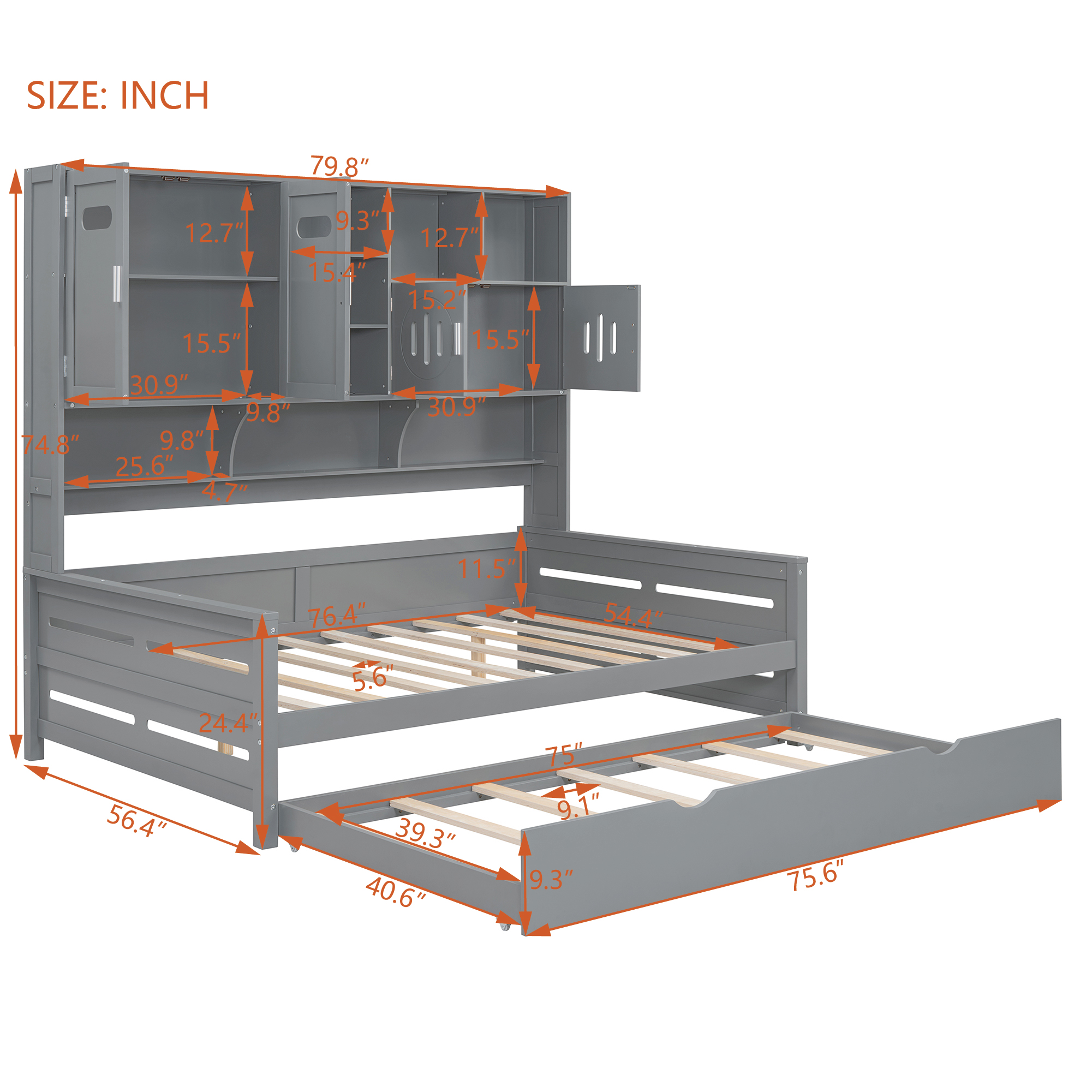 Full Size Wooden Daybed With Twin Size Trundle, and All-in-One Cabinet and Shelf 14 Full Size Wooden Daybed With Twin Size Trundle, and All-in-One Cabinet and Shelf