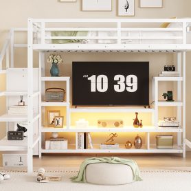 Full Size Metal Loft Bed With Tv Cabinet, Staircase And Wardrobe