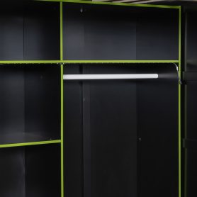 Full Size Wood Loft Bed with Desk, Open Wardrobe, Storage Compartments and RGB Lights