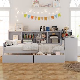 Wooden L-Shape Full Daybed Frame with Study Desk and Built-in Bookshelf