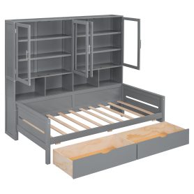 Twin Size Wooden Daybed With Glass-door Storage Cabinets, Built-in LED Lighting And Shelves