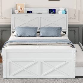 Full Size Wooden Bed With Storage Headboard With Outlets,  Twin Size Trundle With Three Storage Drawers