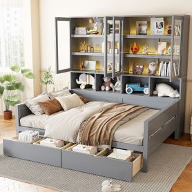 Full Size Wooden Daybed with Glass-Door Storage Cabinets, Built-in LED Lighting and Shelves