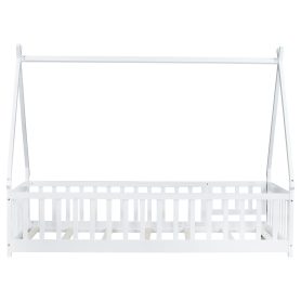 Twin Tent-shaped Floor Bed, Teepee Bed with Guardrails, Slats and Door