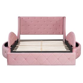 Upholstered Platform Bed Queen Size Storage Velvet Bed with Wingback Headboard and 1 Big Drawer,2 Side Storage Stool