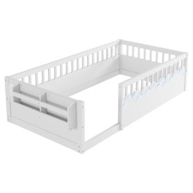 Twin Montessori Floor Bed Frame With High Rails, Light And Storage Shelf
