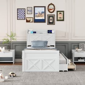 Twin Size Wooden Bed With Storage Headboard With Outlets, Twin Size Trundle With Three Storage Drawers