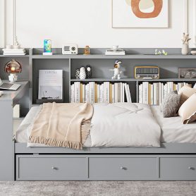 Full Size Wooden Daybed With 3 Drawers, USB Ports and Desk