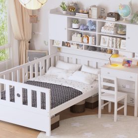 Twin Size Multifunctional Wood Platform Bed With Bookshelf At The Head Of The Bed, Built-in Desk and Matching Chair