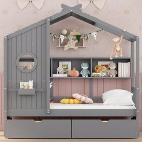 Wooden Twin Size House Bed With 2 Drawers and Storage Shelf