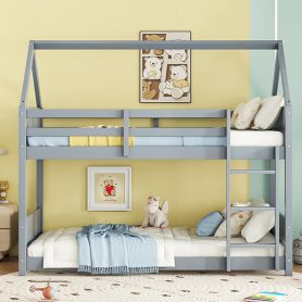 Twin Over Twin House Floor Bunk Bed with Headboards, Footboards and Guardrails, Ladder