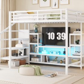 Full Size Metal Loft Bed With Tv Cabinet, Staircase And Wardrobe