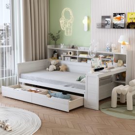 Wooden Twin Size Daybed with Storage Shelves, Two Storage Drawers And Study Desk