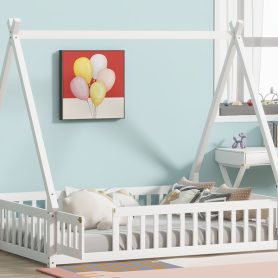 Full Size Rubber Wood Tent-shaped Floor Bed with Guardrails, Slats And Door