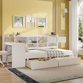 Wooden L-Shape Daybed with Seven Storage Cabinets and Two Storage Drawers