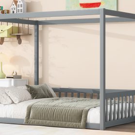 Full Size Canopy Frame Rubber Wood Floor Bed with Fence and Guardrails