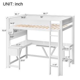 Wood Full Size Gaming Loft Bed with Desk, Storage Shelves, LED and Charging Station