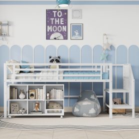 Twin Metal Low Loft Bed With Storage Cubby and Stairs