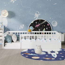 Twin Montessori Floor Bed Frame With High Rails, Light And Storage Shelf