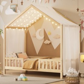 Twin Size Montessori Floor Bed With Canopy and High Railings