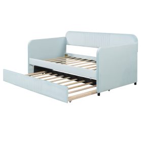 Upholstered Twin Size Daybed  With Trundle Bed and Wood Slat