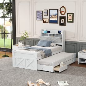 Twin Size Wooden Bed With Storage Headboard With Outlets, Twin Size Trundle With Three Storage Drawers