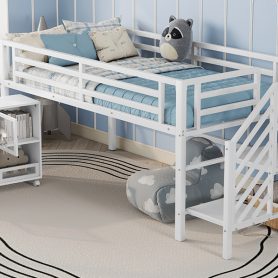 Twin Metal Low Loft Bed With Storage Cubby and Stairs
