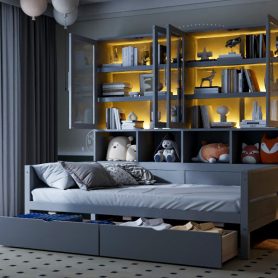 Twin Size Wooden Daybed With Glass-door Storage Cabinets, Built-in LED Lighting And Shelves