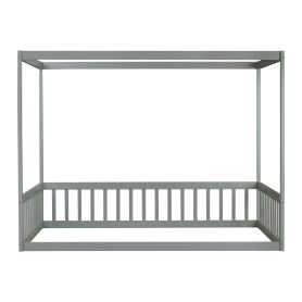 Full Size Canopy Frame Rubber Wood Floor Bed with Fence and Guardrails