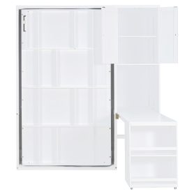 Twin Size Rotating Wall Murphy Beds with Bookshelf, Top Cabinet, Extendable Desk & Side Storage