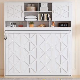 Queen Size Wall Murphy Bed With Ample Storage Space And Diamond Stripes