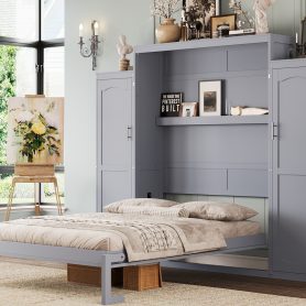 Queen Size Murphy Bed with 2 Wardrobe and Storage Shelf,