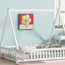 Full Size Rubber Wood Tent-shaped Floor Bed with Guardrails, Slats And Door