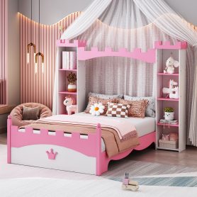 Castle-Shaped Twin Wooden Bed with Storage Shelf