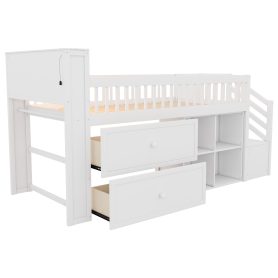 Wood Low Twin Size Loft Bed With LED, Bookshelf, Stairs, Storage Drawers And Shelves