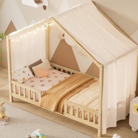 Twin Size Montessori Floor Bed With Canopy and High Railings