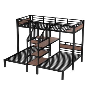 Triple Metal Twin Over Twin Over Twin Bunk Bed With Storage Shelves And Storage Stairs