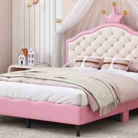 Full Size Lovely Crown Fantasy PU Leather Princess Bed With Tufted Headboard