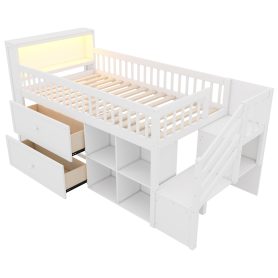 Wood Low Twin Size Loft Bed With LED, Bookshelf, Stairs, Storage Drawers And Shelves