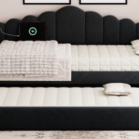 Twin Size Upholstered Daybed With Trundle , USB Charging Ports