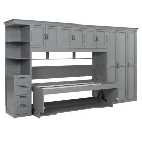 Twin Size Murphy Bed Wall Bed with Wardrobe, Cabinet and Desk