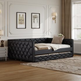 Full XL Size Upholstered Daybed with Trundle and LED