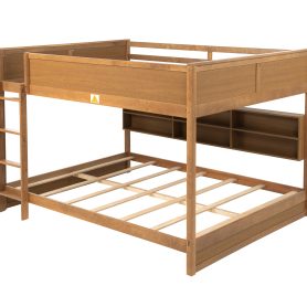 Queen Over Queen Bunk Bed with Built-in Storage Cabinets, Charging Station, Ladder, Safety Guardrails