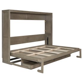 Queen Size Murphy Bed with Storage, Foldable Cabinet Bed with Vanity Desk, Center Mirror & 2 Side Drawers