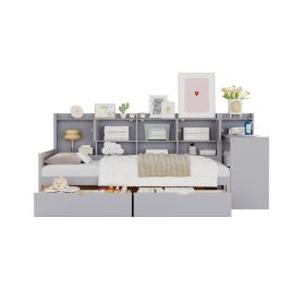 Wooden L-Shape Twin Daybed Frame with Study Desk and Built-in Bookshelf