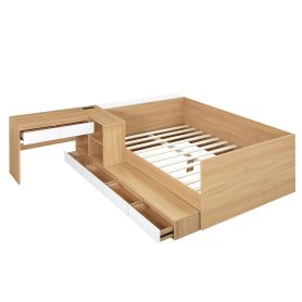 Full Size Wooden Platform Bed With 6 Drawers, Shelves And Dressing Table