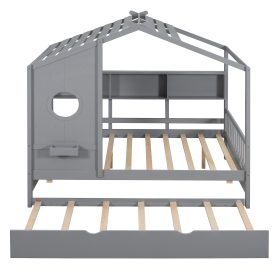Wooden Full Size House Bed With Trundle and Storage Shlef