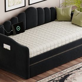 Twin Size Upholstered Daybed With Trundle , USB Charging Ports