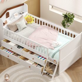 Twin Bed Frame With Storage 4 Drawers, Guardrail Headboard And Ladder