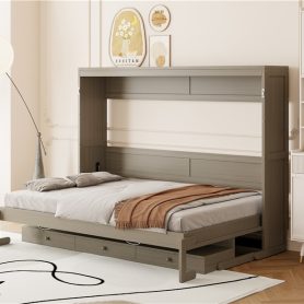 Queen Size Murphy Bed with Storage, Foldable Cabinet Bed with Vanity Desk, Center Mirror & 2 Side Drawers